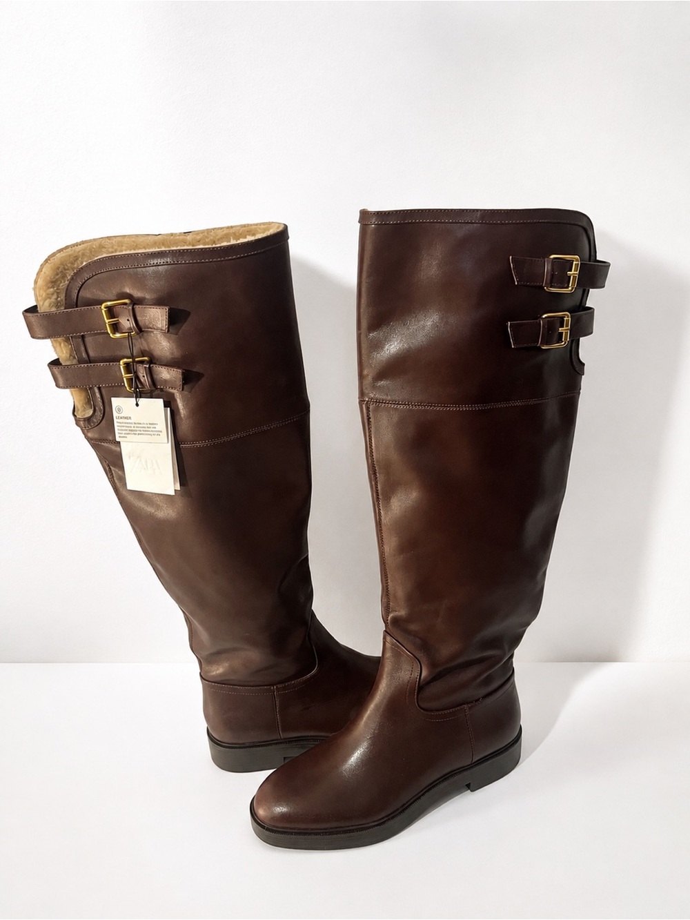 Zara NWT Brown Leather Faux Shearling Double Buckle Riding Boots 8 - Picture 9 of 15